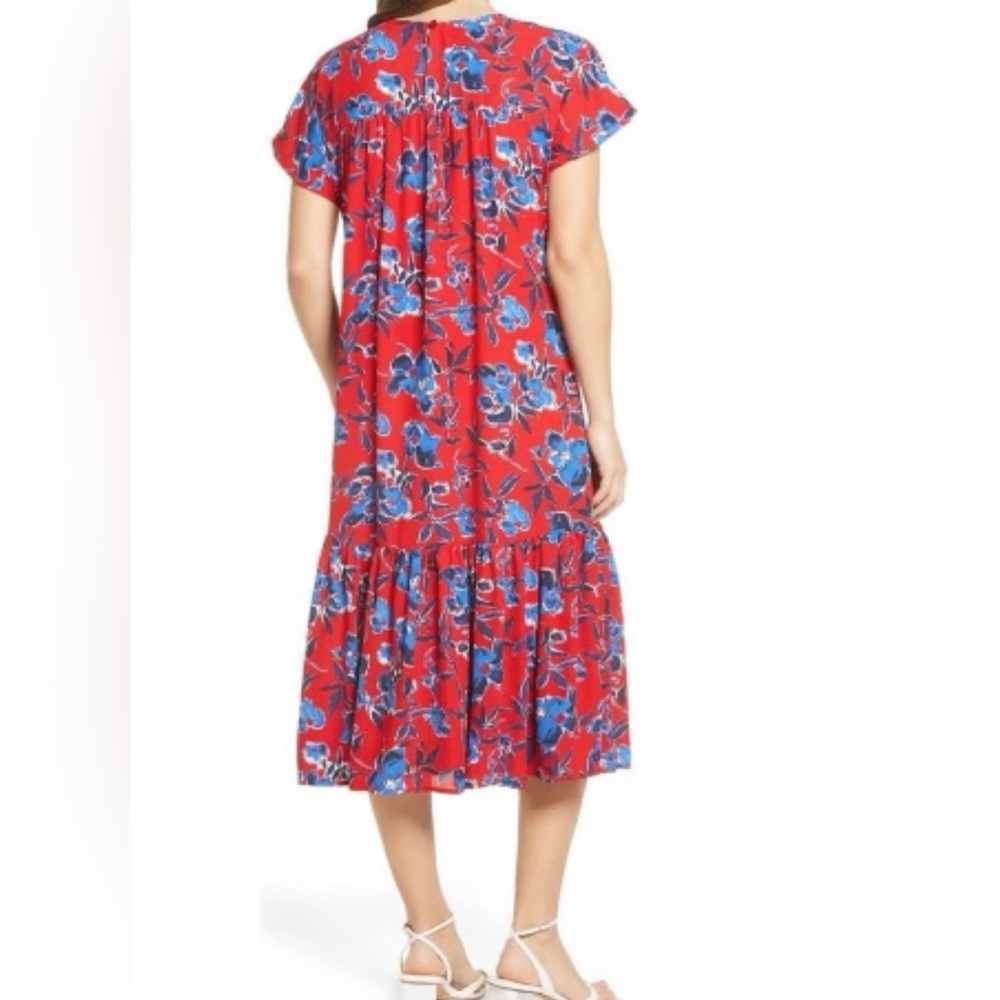 NWT Halogen Midi Dress Floral Size Medium Red Crepe Chiffon Tiered Stretch Waist - Picture 3 of 12